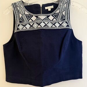 Shoshanna Navy Blue Geometric Embroidered Crop Top